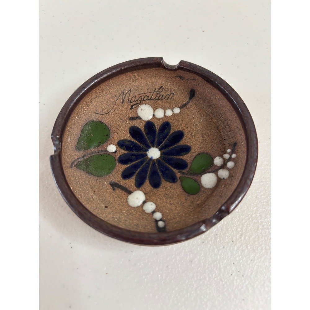 Vintage Mazatlan Mexico Hand Painted Pottery Ashtray Floral Stoneware Folk Art
